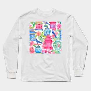 Pagodas, birds and chinoiserie jars in preppy colors Long Sleeve T-Shirt